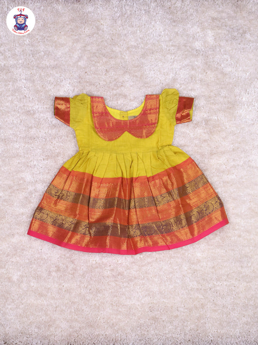 Lime Yellow & Maroon - Girls Chettinad Cotton Pan Collor Frock
