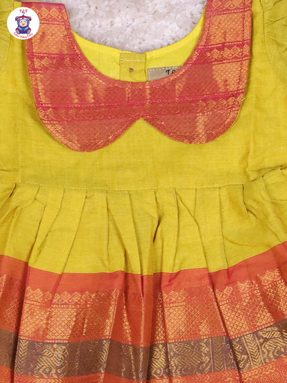 Lime Yellow & Maroon - Girls Chettinad Cotton Pan Collor Frock