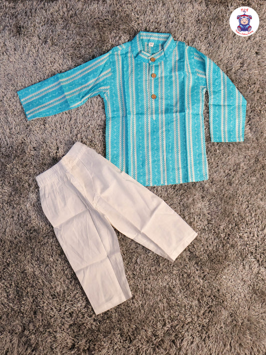 Sky Blue - Boys Printed Kurta With Pant