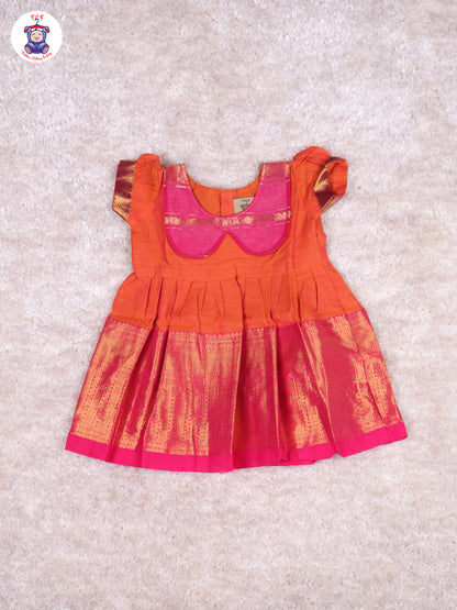 Orange & Pink - Girls Chettinad Cotton Pan Collor Frock