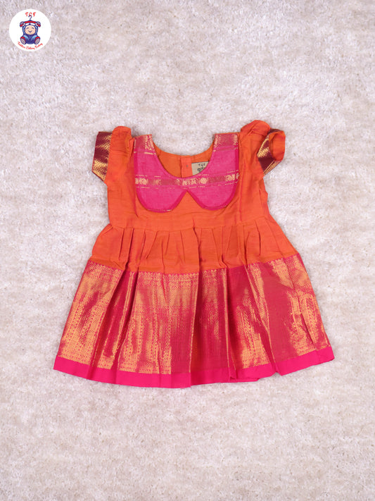Orange & Pink - Girls Chettinad Cotton Pan Collor Frock