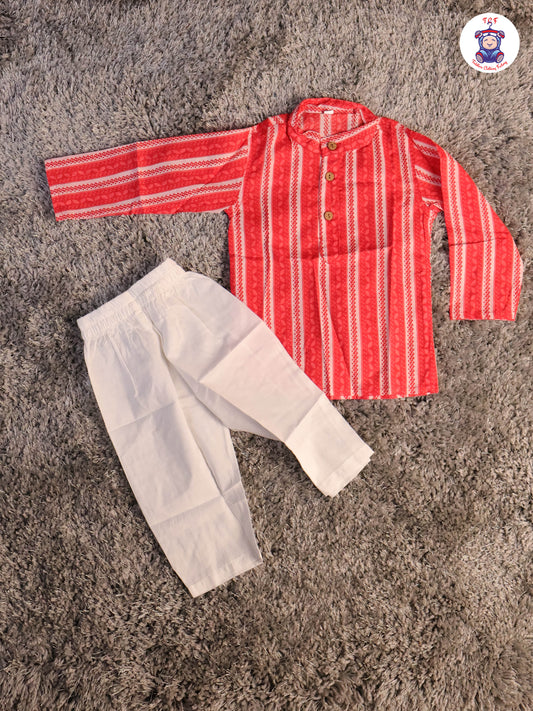 Red - Boys Printed Kurta With Pant