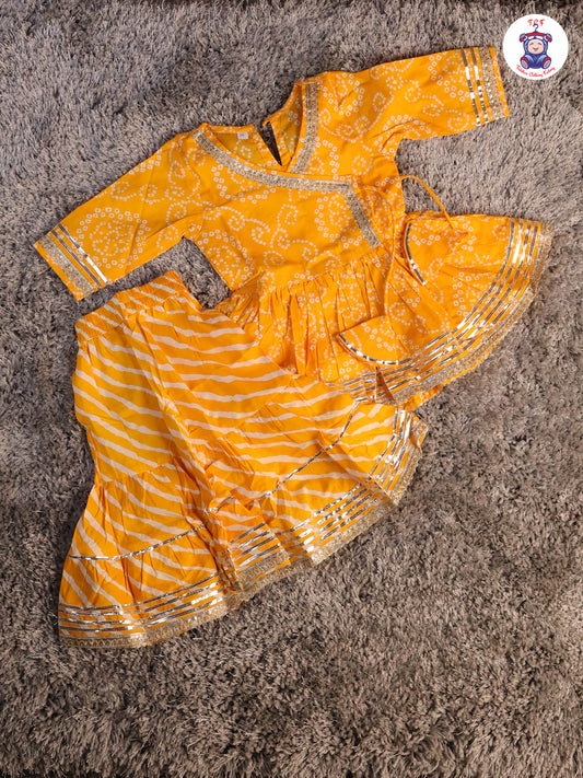 Dark Yellow - Printed Girls Angrakha Kurti