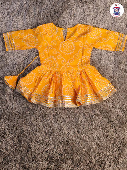 Dark Yellow - Printed Girls Angrakha Kurti