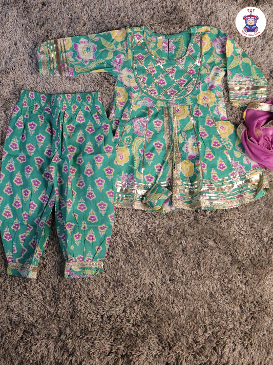 Green & Lavender - Floral Printed Afgani Kurti With Pant And Dupatta