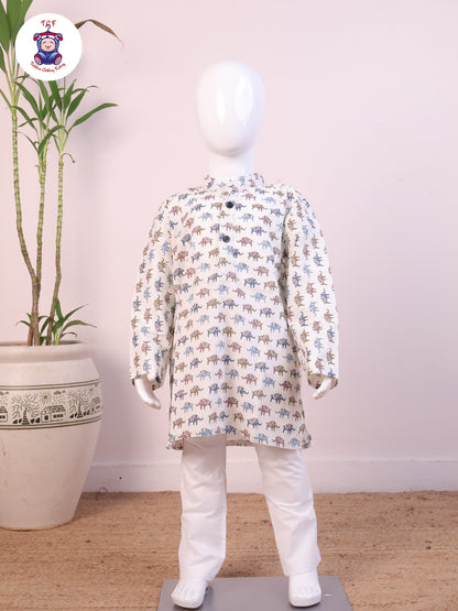 Brown - Boys Elephant Printed Kurta Sets