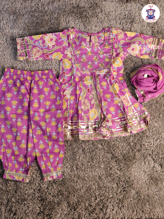 Lavender & Yellow - Floral Printed Afgani Kurti With Pant And Dupatta