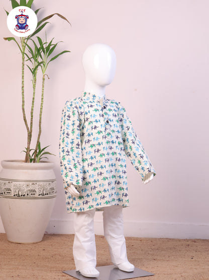 Blue - Boys Elephant Printed Kurta Sets
