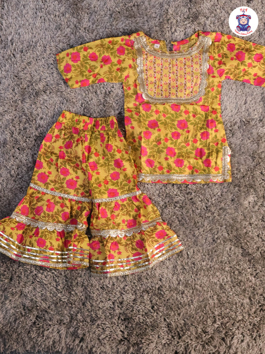 Yellow & Pink - Floral Printed Anarkali Kurti With Sharara