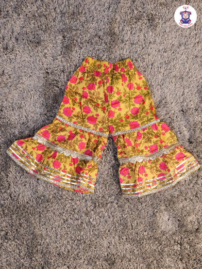 Yellow & Pink - Floral Printed Anarkali Kurti With Sharara