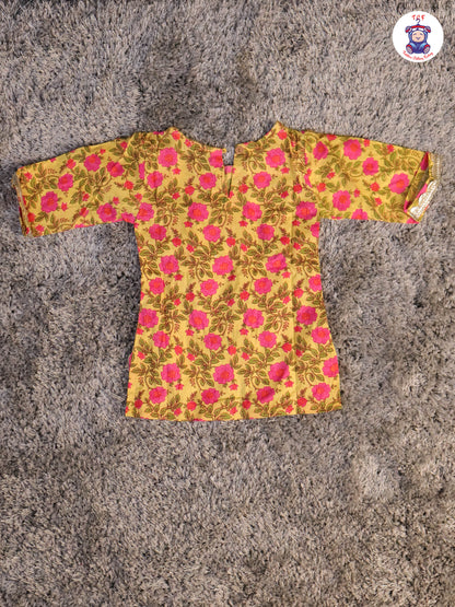 Yellow & Pink - Floral Printed Anarkali Kurti With Sharara