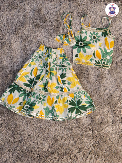 Green & White -Floral Printed Girls Lehenga Choli