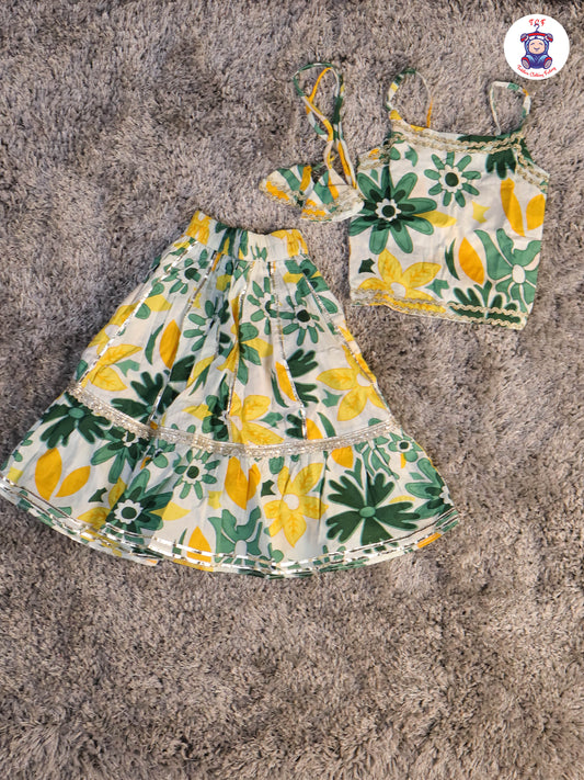 Green & White -Floral Printed Girls Lehenga Choli