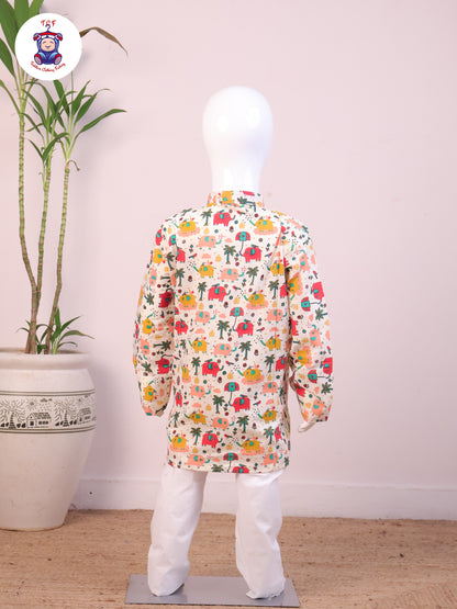 Red - Boys Elephant Printed Kurta Sets