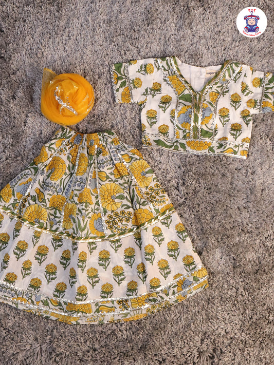 Yellow & White - Floral Printed Girls Lehenga Choli