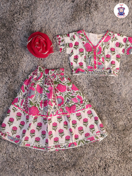 Pink & White - Floral Printed Girls Lehenga Choli