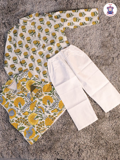 Yellow & White - Floral Printed Boys Readymade Kurta Sets