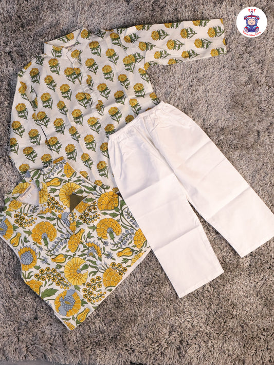 Yellow & White - Floral Printed Boys Readymade Kurta Sets