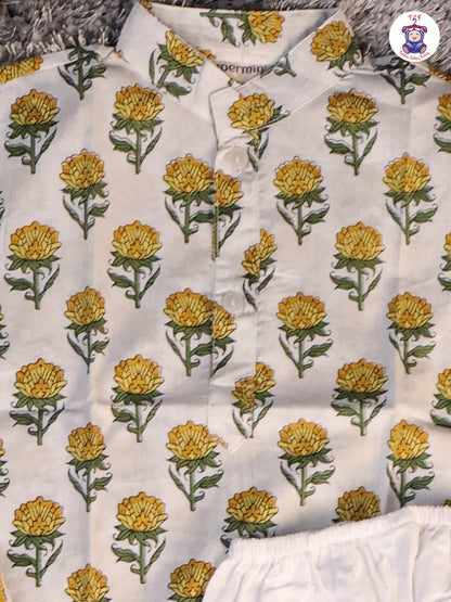 Yellow & White - Floral Printed Boys Readymade Kurta Sets