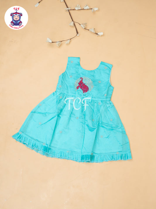 Sky Blue - Girls Embrodiery Chanderi cotton Frocks