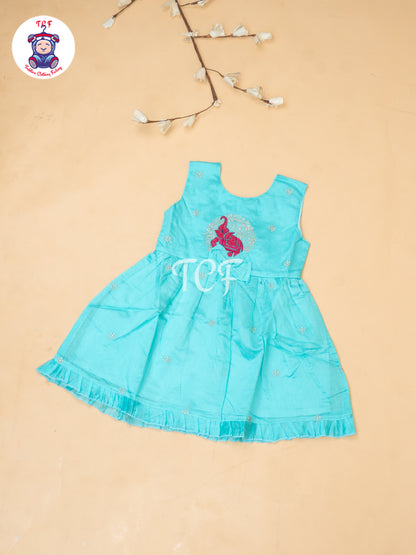 Sky Blue - Girls Embrodiery Chanderi cotton Frocks
