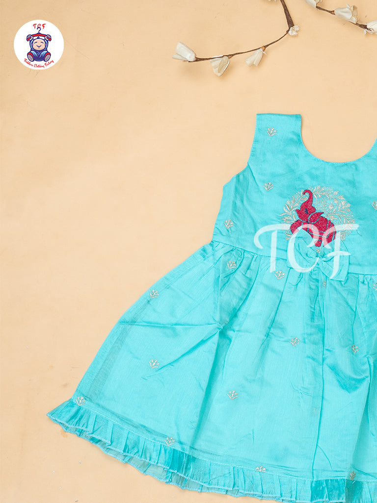 Sky Blue - Girls Embrodiery Chanderi cotton Frocks
