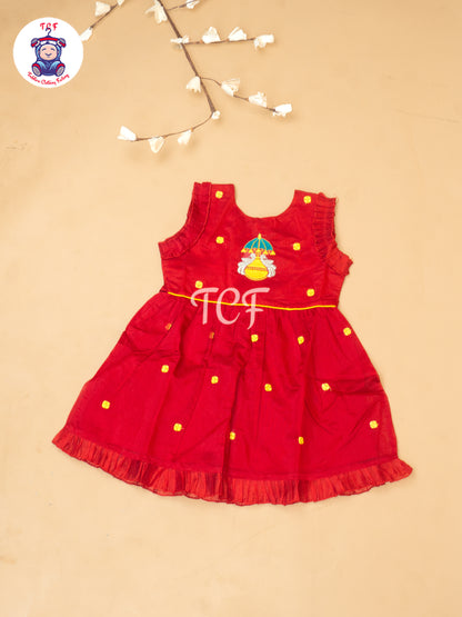 Red - Girls Embrodiery Chanderi cotton Frocks