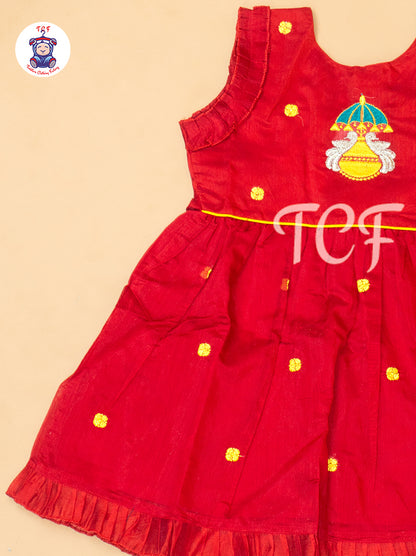 Red - Girls Embrodiery Chanderi cotton Frocks