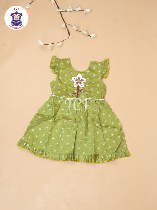 Green - Girls Embrodiery Chanderi cotton Frocks