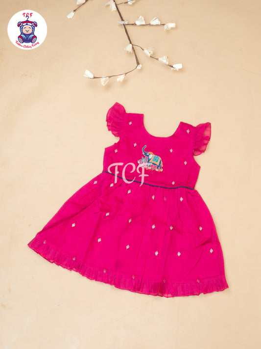 Rani Pink - Girls Embrodiery Chanderi cotton Frocks