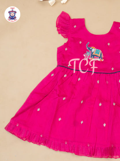Rani Pink - Girls Embrodiery Chanderi cotton Frocks