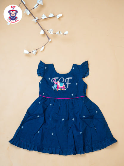 Navy Blue - Girls Embrodiery Chanderi cotton Frocks