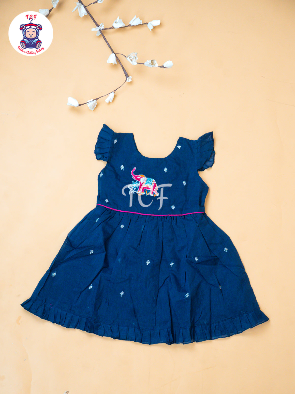 Navy Blue - Girls Embrodiery Chanderi cotton Frocks