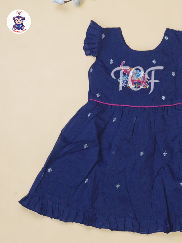 Navy Blue - Girls Embrodiery Chanderi cotton Frocks