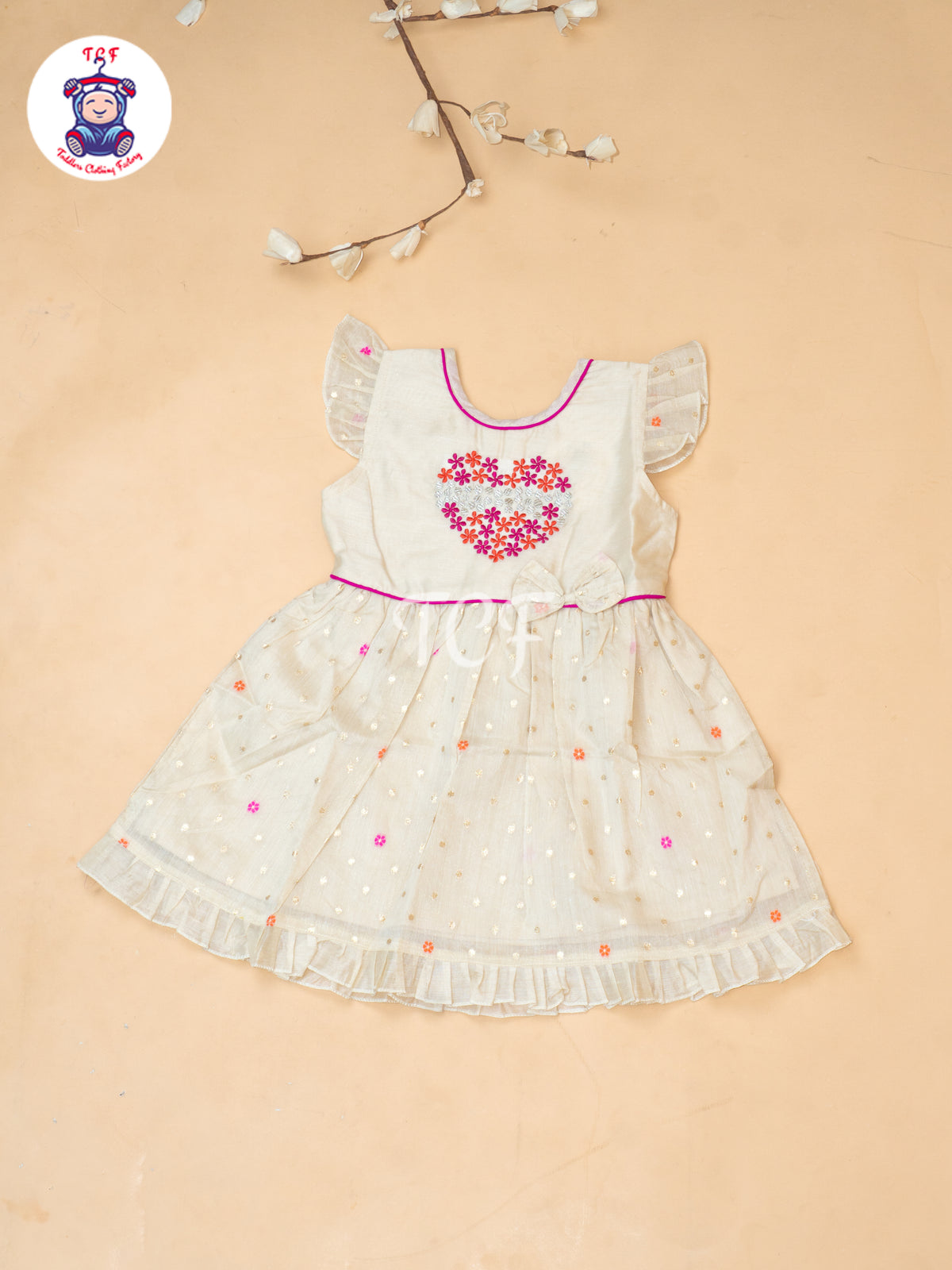 Cream - Girls Embrodiery Chanderi cotton Frocks