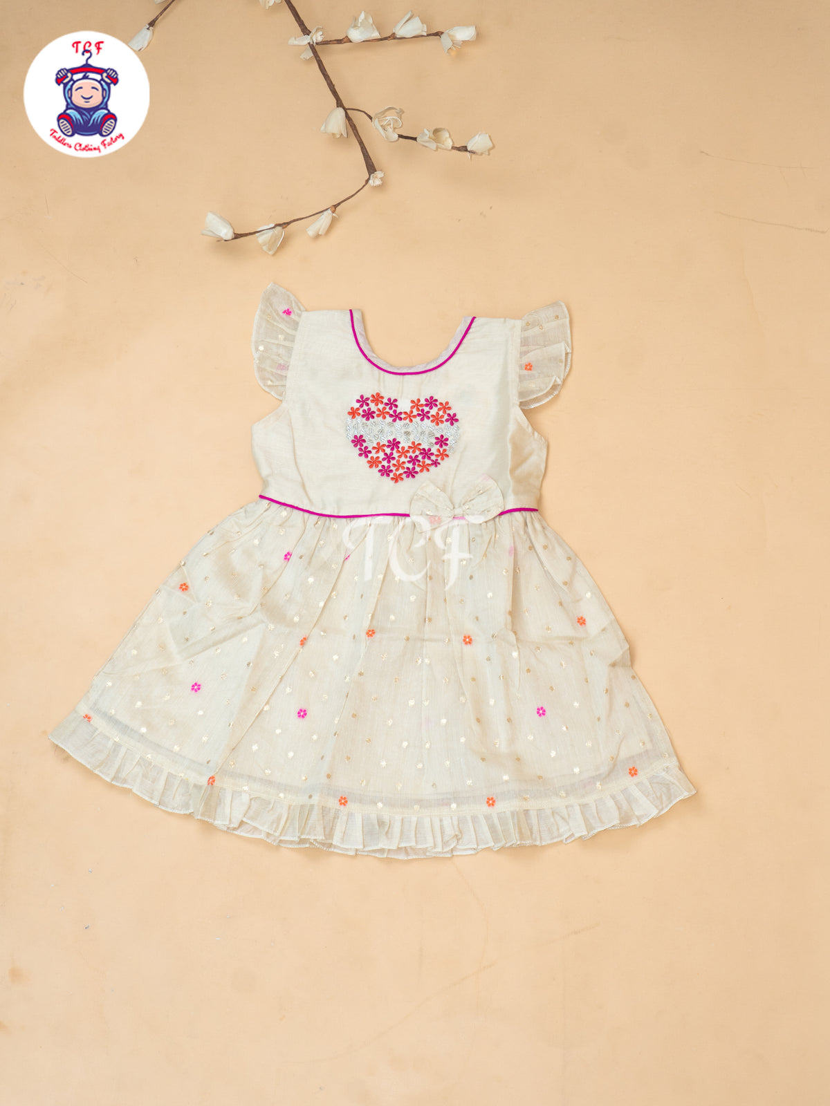 Cream - Girls Embrodiery Chanderi cotton Frocks