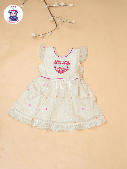 Cream - Girls Embrodiery Chanderi cotton Frocks