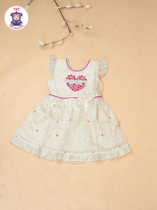 Cream - Girls Embrodiery Chanderi cotton Frocks