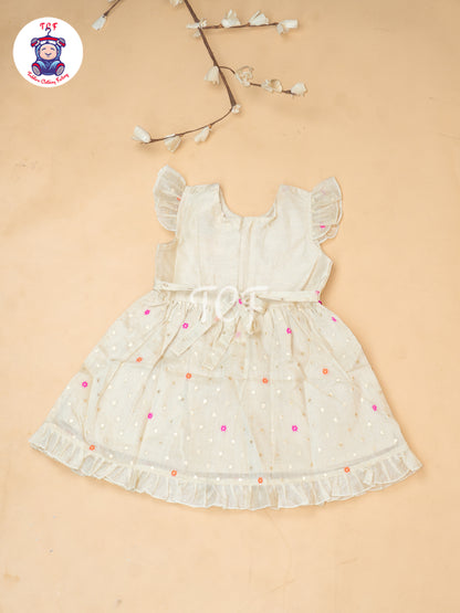 Cream - Girls Embrodiery Chanderi cotton Frocks
