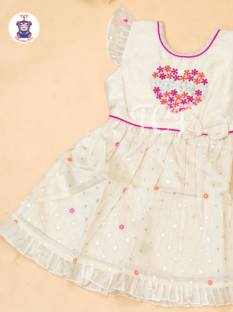 Cream - Girls Embrodiery Chanderi cotton Frocks