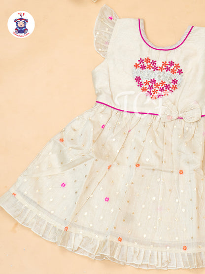 Cream - Girls Embrodiery Chanderi cotton Frocks