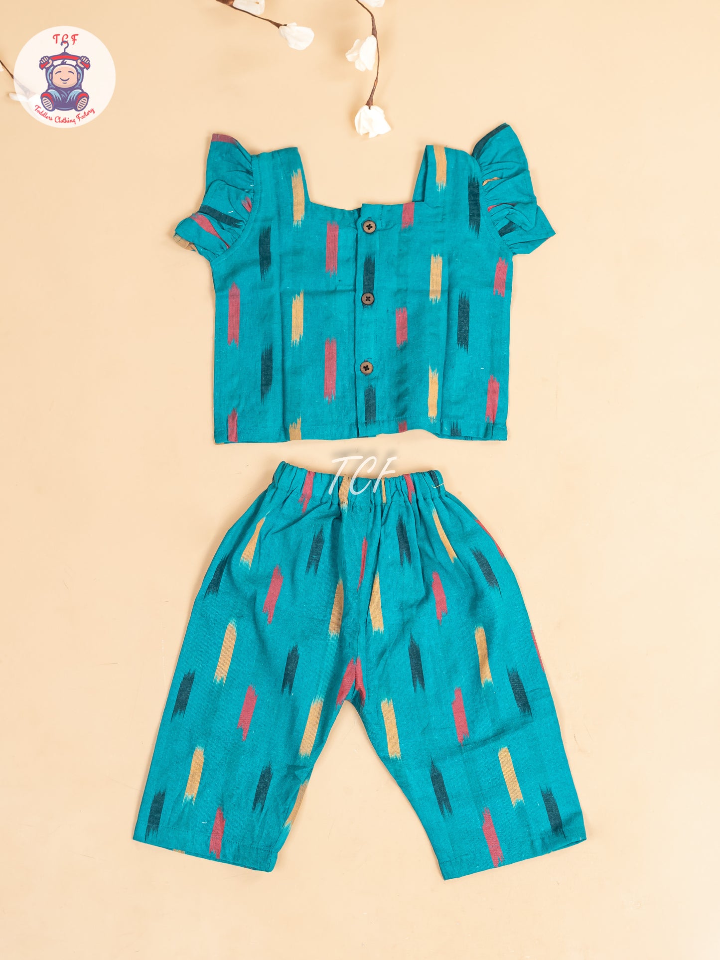 Teal Blue - Girls Readymade Ikat Pyjama Sets