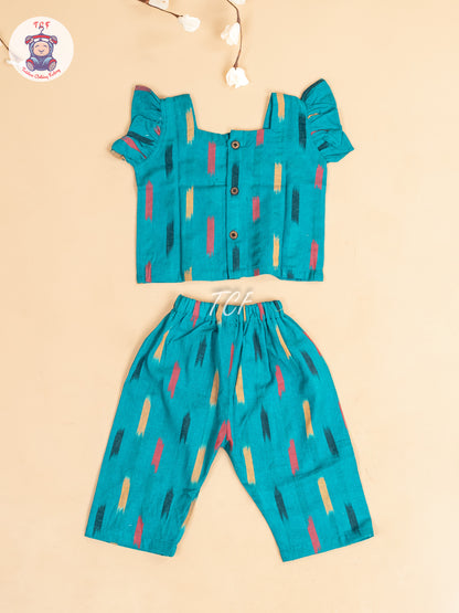 Teal Blue - Girls Readymade Ikat Pyjama Sets