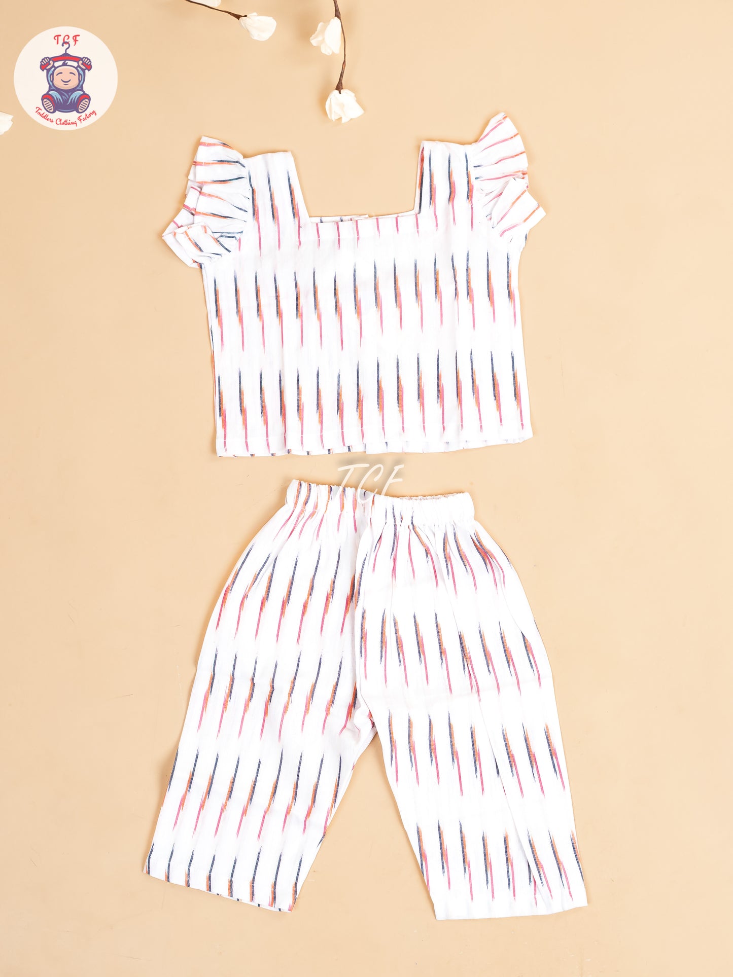 White - Girls Readymade Ikat Pyjama Sets