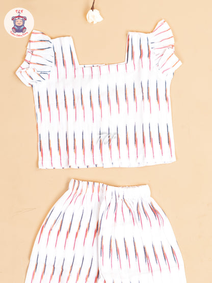 White - Girls Readymade Ikat Pyjama Sets