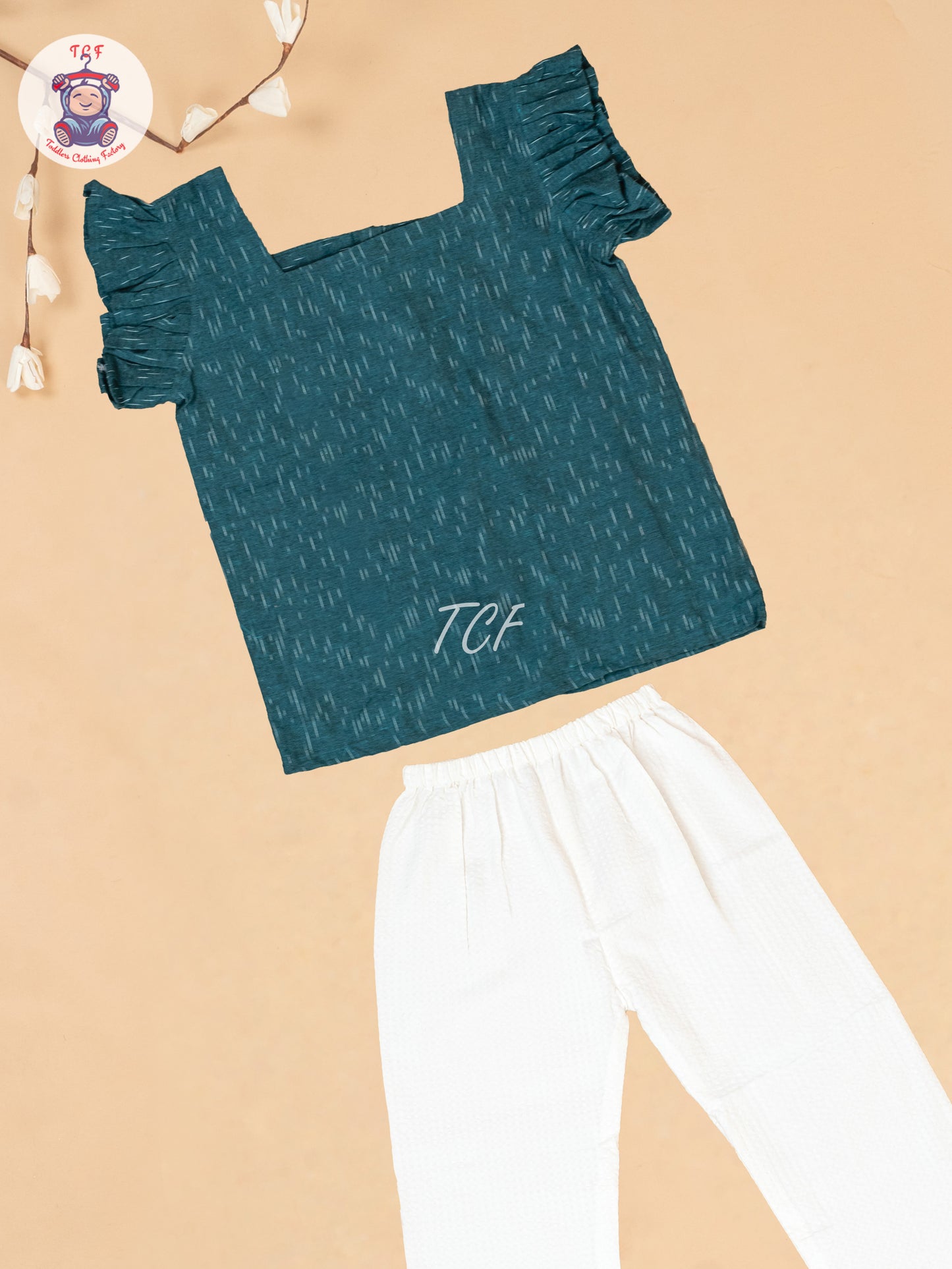 Teal Green & White - Girls Readymade Ikat Co-ords Sets