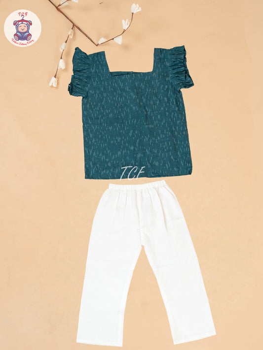 Teal Green & White - Girls Readymade Ikat Co-ords Sets
