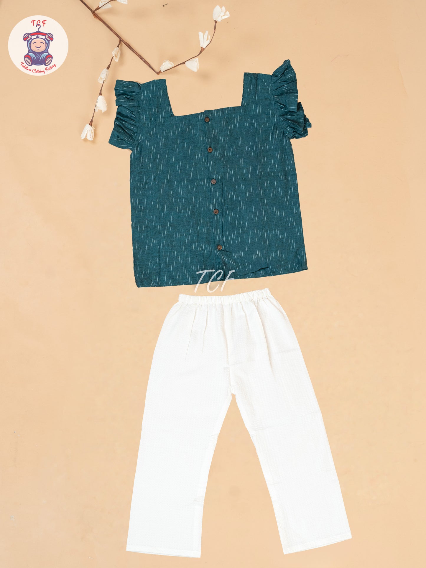 Teal Green & White - Girls Readymade Ikat Co-ords Sets