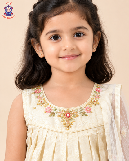 Ivory Floral - Embroidered Plazzo Set with Dupatta