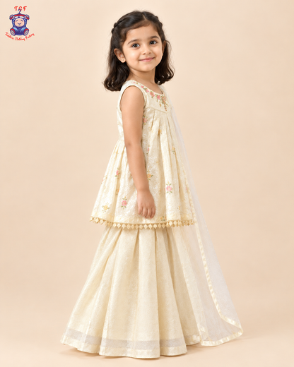Ivory Floral - Embroidered Plazzo Set with Dupatta
